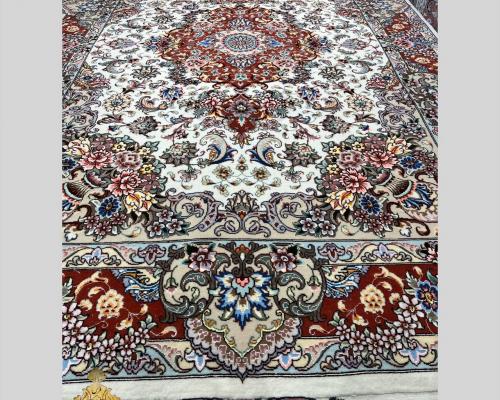 جفت۶متری تبریز چهل رج نقشه گلدونی ناصرقلم گل ابریشم چله پنبه زمینه کرم حاشیه مسی