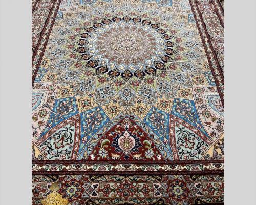 قالیچه تبریز نقشه گنبد امامزاده 50 رج گل ابریشم چله نخ